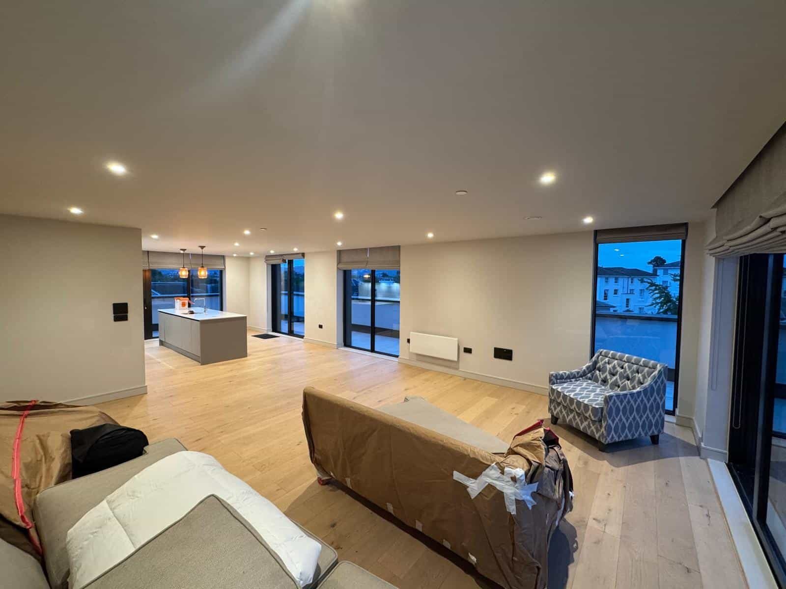 Living space with oak floor after decorating