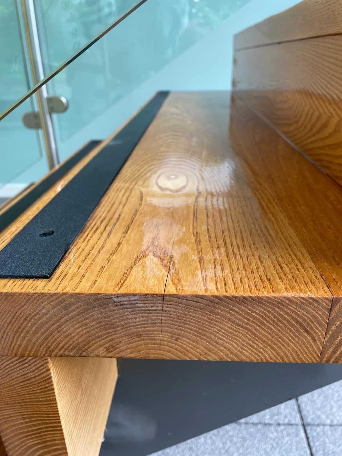 Close-up of glossy varnished stair tread